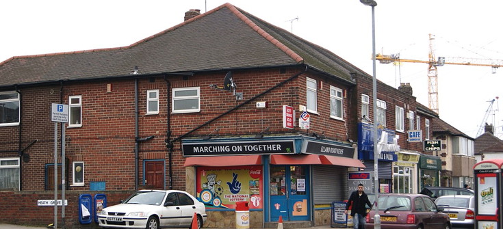 Marching on Together, newsagents shop sigb on Elland Road in Leeds