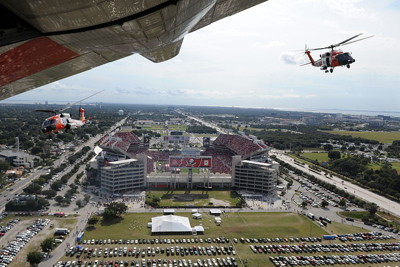 helicopters near over a stadium