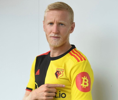 watford shirt with bitcoin logo